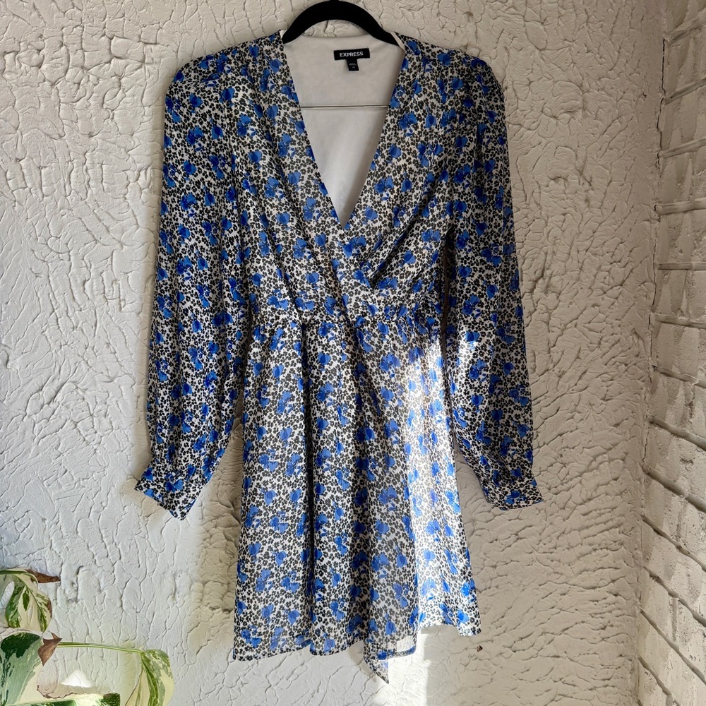 Express Blue and White Floral Long Sleeve Dress